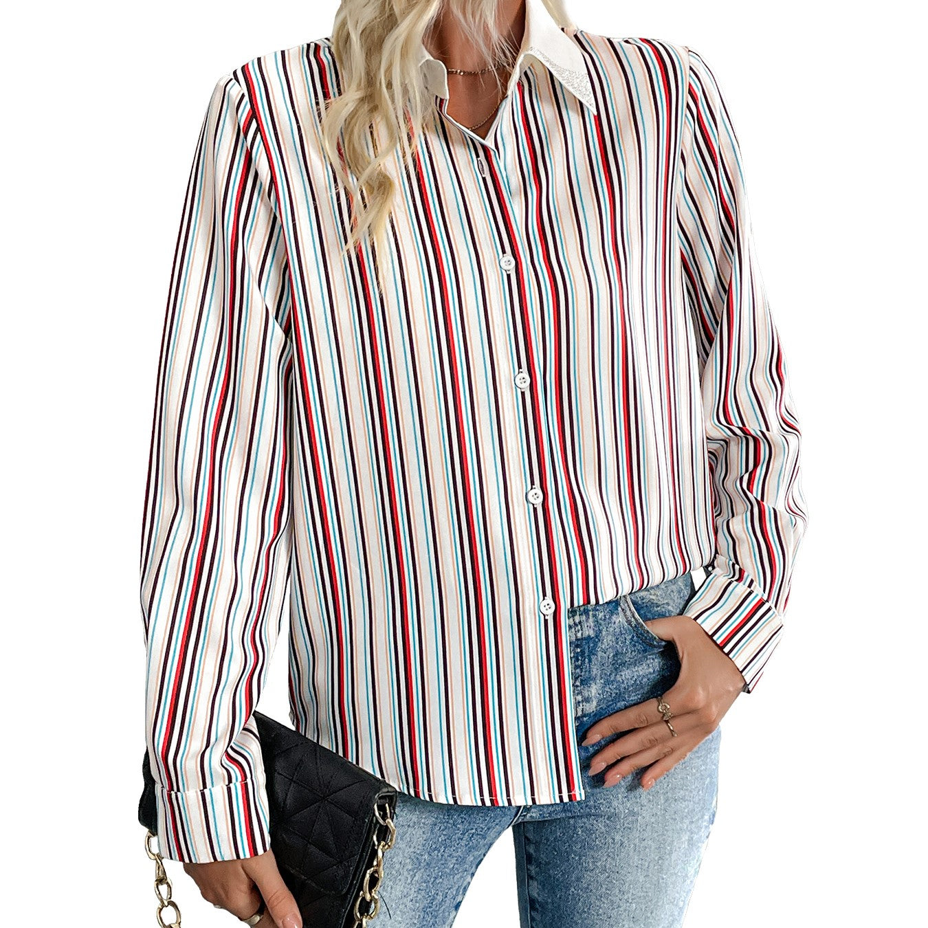 Striped Print Button-Up Office Shirt