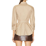 Load image into Gallery viewer, Beige Belted Elegant Long Sleeve Cotton Shirt for Women