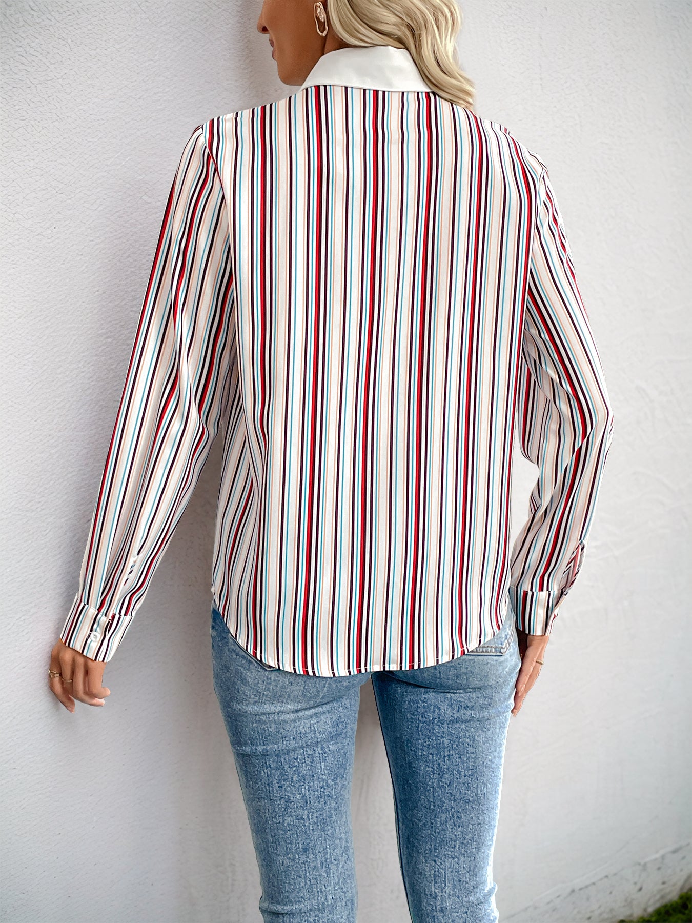 Striped Print Button-Up Office Shirt