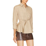 Load image into Gallery viewer, Beige Belted Elegant Long Sleeve Cotton Shirt for Women